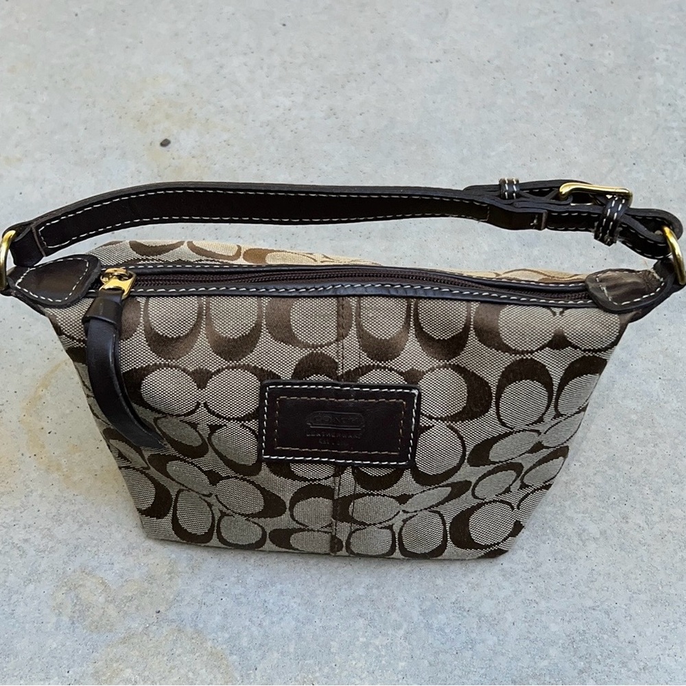 Signature Coach Jacquard CC print small bag with Brown Leather strap